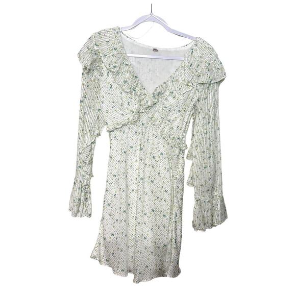 Free‎ People Sweetest Thing Mini Dress Women 4 Ivory Green Fairy Boho Floral - Picture 1 of 11